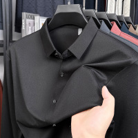 春秋新款男士长袖衬衫商务休闲纯色轻奢时尚翻领长袖衬衫
