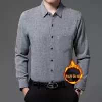 男士新款亚麻加绒衬衫中年翻领保暖棉衣衬衣爸爸装