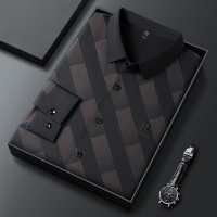男士长袖衬衫中年商务休闲时尚衬衣开衫印花条纹寸衫秋季新款
