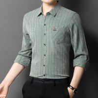 男士长袖衬衫春秋季新款长袖翻领棉麻衬衫男中老年爸爸装条纹衬衣