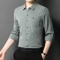 男士长袖衬衫春秋季新款长袖翻领棉麻衬衫男中老年爸爸装条纹衬衣