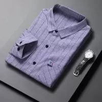 男士长袖衬衫春秋季新款长袖翻领棉麻衬衫男中老年爸爸装条纹衬衣