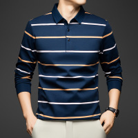 新款潮流爸爸装条纹宽松POLO领长袖男士T恤秋季翻领百搭上衣