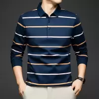 新款潮流爸爸装条纹宽松POLO领长袖男士T恤秋季翻领百搭上衣