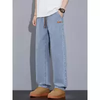 工厂直销男士抽绳牛仔裤高品质 浅蓝宽松流行直筒裤 支持
