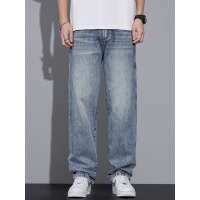 潮牌痞帅简约高端牛仔裤男士青年宽松休闲抗皱舒适直筒裤男装