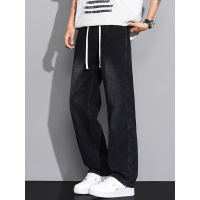 黑灰色松紧腰牛仔裤男款 街头潮牌直筒休闲百搭 耐磨抗皱男裤