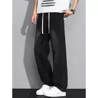 黑灰色松紧腰牛仔裤男款 街头潮牌直筒休闲百搭 耐磨抗皱男裤