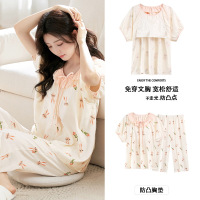 夏季女士带胸垫睡衣云朵棉韩版卡通短袖七分裤可爱休闲家居服套装