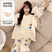 夏季带胸垫仿棉睡衣青少年短袖七分裤套装卡通休闲风家居服可外穿