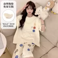 夏季带胸垫仿棉睡衣青少年短袖七分裤套装卡通休闲风家居服可外穿