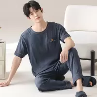 夏季男士睡衣短袖长裤家居服休闲纯色云朵棉大码青少年套装可外穿