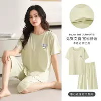 夏季莫代尔短袖七分裤带胸垫睡衣女卡通休闲家居服套装可外穿大码