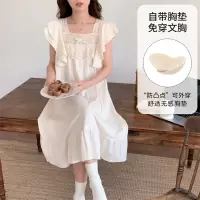 宫廷风睡衣女士夏季短袖仿棉带胸垫睡裙中长款卡通休闲大码家居服
