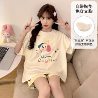 带胸垫夏季仿棉短袖睡衣女韩版卡通休闲宽松甜美家居服套装可外穿