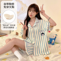 带胸垫夏季女仿棉开衫短袖宽松加大码翻领韩版卡通休闲家居服套装