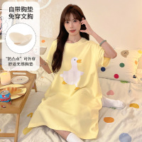 带胸垫女士短袖睡裙夏季仿棉韩版卡通中长款睡衣大码家居服可外穿