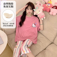 春夏季莫代尔短袖七分裤新款女士带胸垫一体式套装可爱卡通家居服