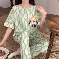 睡衣女士棉质夏季韩版短袖长裤可爱卡通休闲家居服套装宽松可外穿