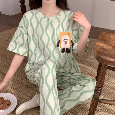 睡衣女士棉质夏季韩版短袖长裤可爱卡通休闲家居服套装宽松可外穿