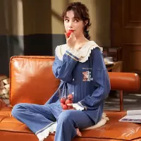 睡衣女士秋冬季棉质长袖开衫翻领华夫格家居服卡通甜美套装可外穿