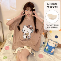 睡衣女夏季莫代尔带胸垫短袖短裤韩版可爱卡通休闲外穿家居服套装