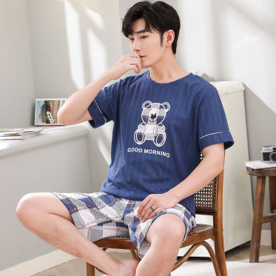 睡衣男夏季棉质卡通短袖休闲宽松青少年韩版短裤家居服套装可外穿