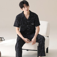 睡衣男皱布夏季开衫短袖长裤加肥加大码宽松休闲青少年家居服套装