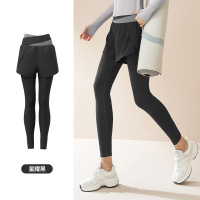 假两件拼色高弹瑜伽裤防走光跑步运动高腰收腹裸感健身裤