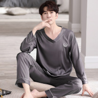 秋冬季冰丝睡衣男士长袖休闲宽松仿真丝加大码家居服套装