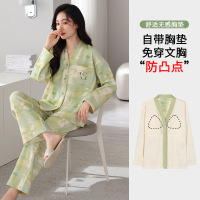 秋冬季带胸垫睡衣女士开衫长袖加大码可爱卡通宽松休闲家居服套装