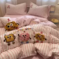 可爱床上刺绣四件套卡通宿舍纯棉被套床笠三件套床上用品
