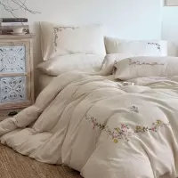 日式感复古亚麻棉麻四件套纯棉绣花条纹花卉被套床单床笠床品