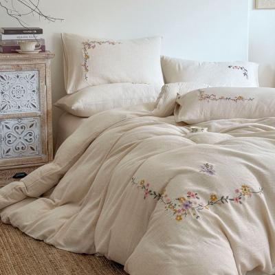 日式感复古亚麻棉麻四件套纯棉绣花条纹花卉被套床单床笠床品