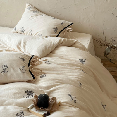 日式复古皱皱纱刺绣四件套绑带式枕套透气软糯双层纱床笠