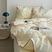 简约北欧风色织水洗棉四件套纯棉双层密拷边素色民宿床品床笠