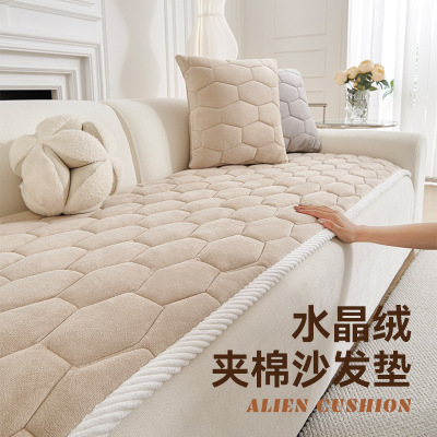 秋冬款沙发垫新款水晶绒加厚防滑坐垫直排一片式防猫抓盖布垫