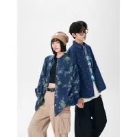 春秋款提花牛仔长袖衬衫男花纹宽松百搭休闲水洗衬衣外套男女同款