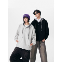 秋冬新款连帽格子卫衣男双面穿韩版潮流领口排扣宽松男女同款上衣