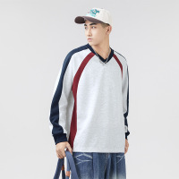 春季新款卫衣男韩版潮流撞色拼接宽松V领套头长袖上衣服男装