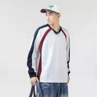 春季新款卫衣男韩版潮流撞色拼接宽松V领套头长袖上衣服男装