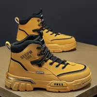 男士秋季上新款简约时尚字母印花马丁靴透气休闲舒适系带款高帮靴