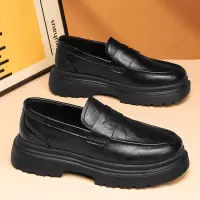 男士秋季新款百搭日常舒适厚底低跟纯色时尚圆头休闲皮鞋