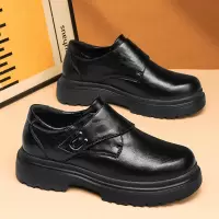 男士秋季新款百搭日常舒适厚底低跟纯色时尚车圆头休闲皮鞋