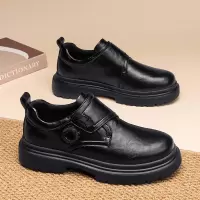 男士秋季新款百搭日常舒适厚底低跟纯色时尚车圆头缝线休闲皮鞋