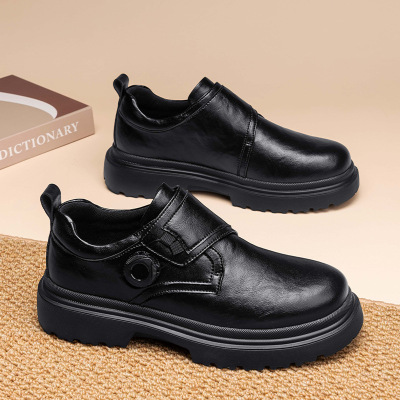 男士秋季新款百搭日常舒适厚底低跟纯色时尚车圆头缝线休闲皮鞋