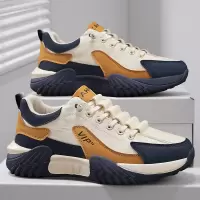 秋季皮革新款拼接系带平底透气跑步男鞋日常透气时尚男士休闲单鞋