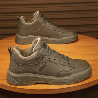 冬季新款休闲舒适男靴棉靴加绒加厚纯色系带高帮厚底轻便保暖男鞋