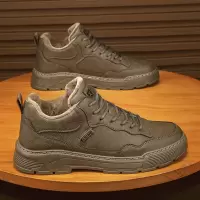 冬季新款休闲舒适男靴棉靴加绒加厚纯色系带高帮厚底轻便保暖男鞋