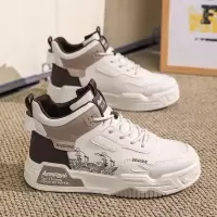 秋季新款高帮男士板鞋厚底平跟皮革拼接画鸦时尚休闲透气登山男鞋